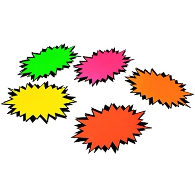 Image of Bright Ideas Fluorescent Flashes. Flash Size: 9 x 6 Inch, Approx 22.8cm 15cm, Pack of 25 Assorted Colours. Ideal for Eye catching Shop Retail and Price Signs. BI0117.