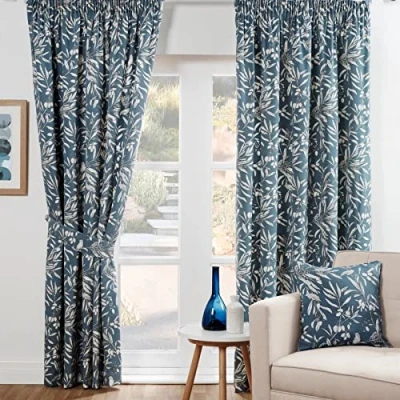 Image of Sundour Aviary Light Filtering Pencil Pleat Curtains Blue 90x90 Fully Lined Curtain Taped Top