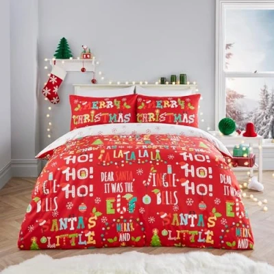 Image of Fusion Christmas Phrases Duvet Cover King Bedding Size (230 x 220cm) Reversible (2 Designs) 2x Pillowcases Included Snowflakes in Red &amp; White Xmas Decor