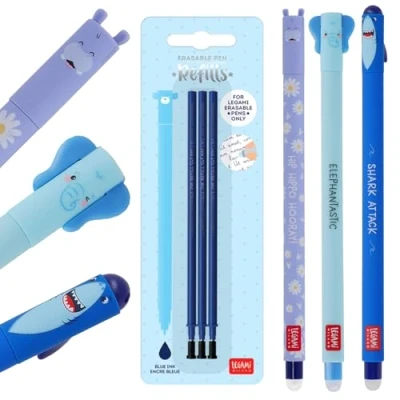 Image of LEGAMI Set of 3 Erasable Gel Pens + Blue Refills, with Thermosensitive Erase Ink, 0.7mm Tip, Shark, Elephant, &amp; Hippo Design