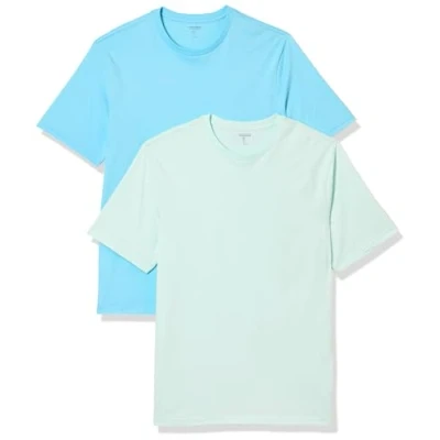Image of Amazon Essentials Men&#039;s T Shirt Regular Fit Short Sleeve Crewneck, Pack of 2, Aqua Blue/Light Blue, L
