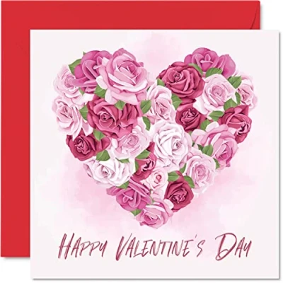 Image of Happy Valentines Day Card for Him Her Floral Love Heart Romantic Valentine Boyfriend Girlfriend Wife Husband Partner Fiance, I You Valentine&#039;s Card, 145mm x Greeting Cards