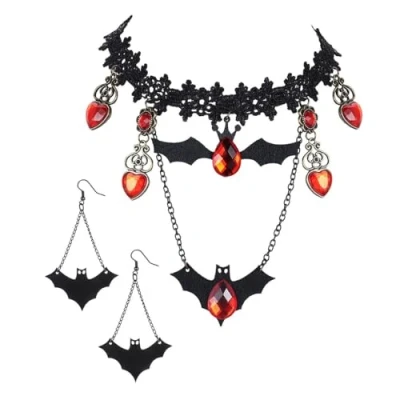 Image of Jascatin Gothic Halloween Black Lace Choker Necklace Earrings Set Bat Red Crystal Pendant Collar Chain Jewelry for Women