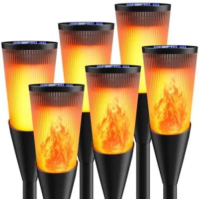 Image of FIFIying Solar Lights Outdoor Garden, 6 Pack Torch Light with Flickering Flame 600mAh Pathway Outside IP65 Waterproof Decor for Patio Pathways Lawn Yard Decoration