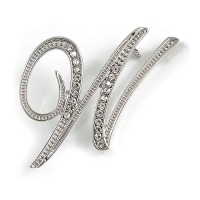 Image of &#039;W&#039; Rhodium Plated Clear Crystal Letter W Alphabet Initial Brooch Personalised Jewellery Gift 35mm Tall