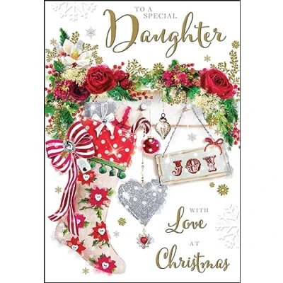 Image of Jonny Javelin Special Daughter Christmas Card Stocking and Floral Garland Embossed with Foil Flitter Details