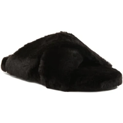 Image of Toms Womenss Susie Slipers in Black Fur Size UK 7