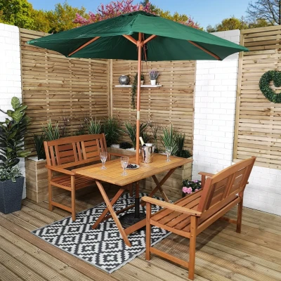 Image of Outdoor 4 Person Folding Rectangular Wooden Garden Dining Table Benches Parasol and Base Set