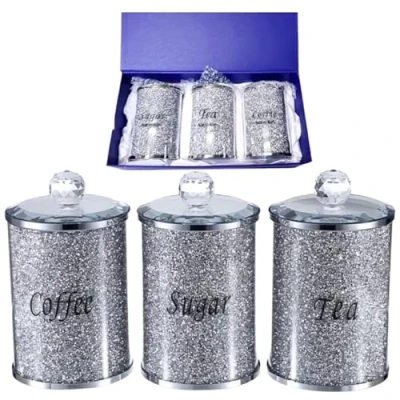 Image of BML Diamond Crushed Tea Coffee Sugar Canisters Jars Kitchen Sparkle Kitchenware Storage Silver Trimmings Crystal Modern Containers Filled Black Writing
