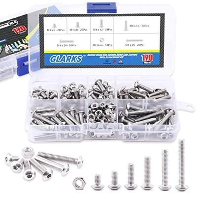Image of Glarks 170Pcs M4 Stainless Steel Allen Hex Drive Button Head Socket Cap Bolts Screws Nuts Assortment Kit (M4) by