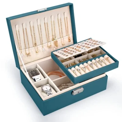 Image of Pystuvo Jewellery Box for Women, 2 Layer Large Organiser with Watch Pillows, PU Leather, Travel Earrings Rings Necklaces Watches Bracelets,Green
