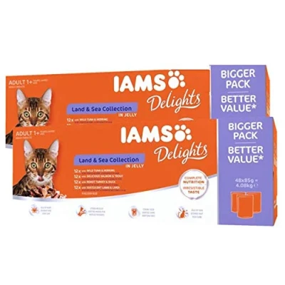 Image of IAMS Delights Wet Cat Food Land &amp; Sea Collection in Jelly (Mega Pack: 96 x 85g)