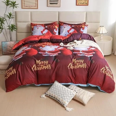 Image of myAIMS Father Christmas Royal Santa Claus Merry Xmas Kitty Duvet Quilt Cover &amp; Pillowcase Bedding Set Multi Colour Snowman Presents Ultra Soft Easy Care, Modern Design (Santa Red, Single)
