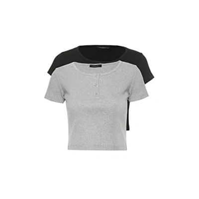 Image of Trendyol Women Fitted Basic Crew Neck Knit Blouse Black Grey