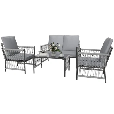 Image of Outsunny 4 Piece Rattan Garden Furniture Set, Seater Wicker Patio Conversation Set with 2 Armchairs, Loveseat, Glass Top Coffee Table and Cushions for Outdoor, Balcony, Grey