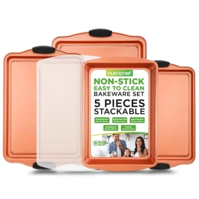 Image of NutriChef 5 Piece Baking Pan Set PFOA, PFOS, PTFE Free Flexible Nonstick Carbon Steel Bakeware Home Kitchen Bake Cookie Sheet Stackable Tray w/Red Silicone Handles