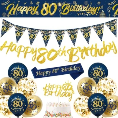 Image of 80th Birthday Decorations Men,Blue Gold Happy Banner,80th Balloons,Bunting Flags,Sash,Cake Toppers for Men Women Blue Party Supplies