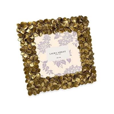 Image of Laura Ashley 4x4 Gold Flower Textured Hand Crafted Resin Picture Frame w/Easel &amp; Hook for Tabletop Wall Display, Decorative Floral Design Home Décor, Photo Gallery, Art (4x4, Gold)