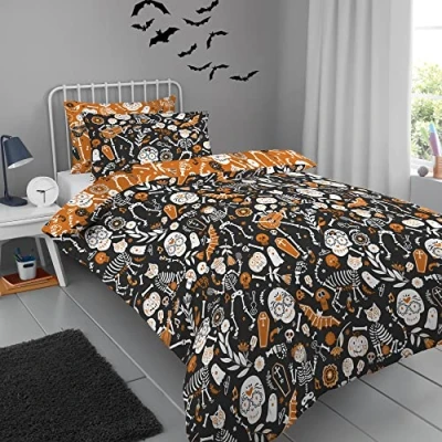 Image of Bedlam Halloween Day of the Dead Duvet Cover Double Bedding Size (200 x 200cm) Reversible (2 Colours) Glow in Dark Skeletons, Ghosts, Bats &amp; Skulls Decor