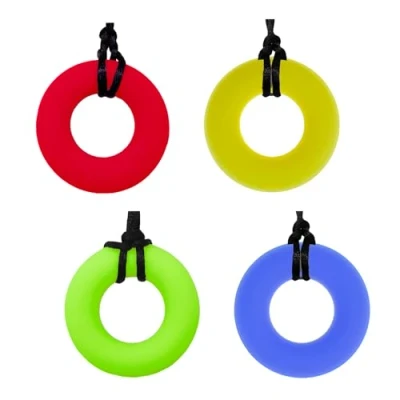 Image of 4 Pcs Chew Teether Necklace, Donut Shape Soft Sensory Nursing Tools for Kids with Teething, ADHD, Autism, Biting Needs, Oral Motor Silicone Chewy Pendant Adult &amp; Baby to Wear