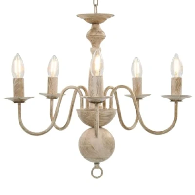 Image of vidaXL Chandelier with 5 Bulb Bases Antique White, Retro Styled Farmhouse Hanging Light Fixture for Dining Room and Living