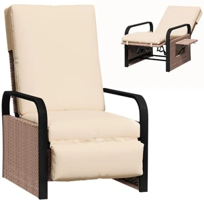 Image of Outsunny Rattan Garden Recliner Chair, Reclining Chair with Adjustable Backrest and Footrest, Outdoor Lounge Sun Lounger Cushion, Side Tray Aluminium Armrests, Brown/Khaki