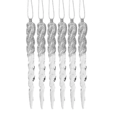 Image of Snow White 6 Pack 12cm Acrylic and Glitter Icicles Christmas Tree Decoration Silver