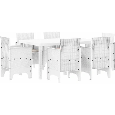 Image of vidaXL 7 Piece Garden Dining Set with Cushions White Poly Rattan