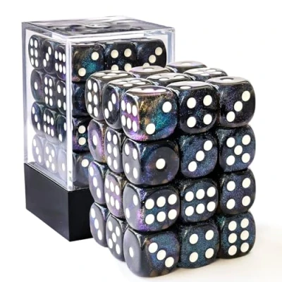 Image of Bescon Moonstone 12mm 6 Sided Dice 36 in Brick Box, Semi Translucent Black D6 with Blue Shimmery, Six Die (36) Block of