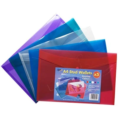 Image of 5 x Premium A4 Stud Press Wallets Coloured Plastic Document Popper File Folders