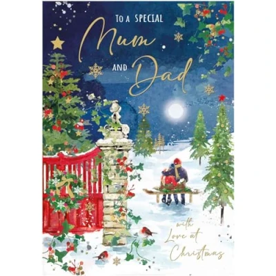 Image of Mum and Dad Christmas Card Special Moonlight Couple in the Snow Artistic Festive Design Finishes Illustrated Insert Leaf Made UK