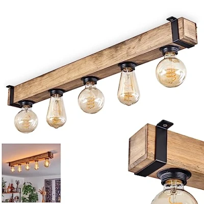 Image of Ceiling Light Montgomery, Modern lamp Made of Metal/Wood in Black/Nature, Industrial Style, Retro/Vintage 5 Flame with Wooden Beam, x E27 socket. Without Bulbs