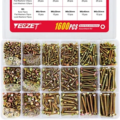 Image of YEEZET 1600PCS M4 M5 M6 Grade 8.8 Heavy Duty Bolts and Nuts Flat &amp; Lock Washers Assortment Kit Includes 15 Most Common Sizes