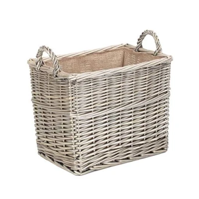 Image of Red Hamper Small Rectangular Hessian Lined Wicker Log Storage Basket, Rattan
