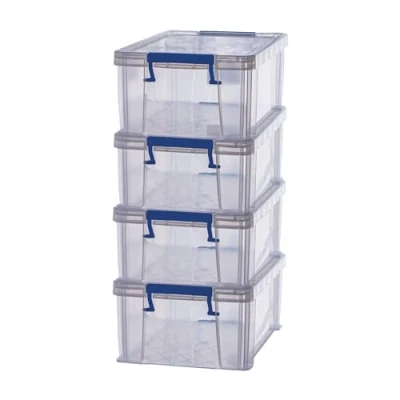 Image of BANKERS BOX 4x 10L Plastic Storage Boxes with Lids. ProStore Super Strong Stackable (14 x 34 21.5cm), Made in the UK, Clear