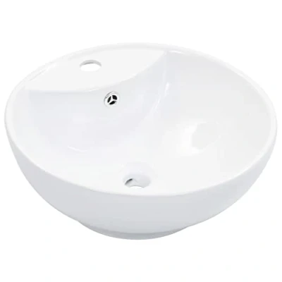 Image of vidaXL White Ceramic Wash Basin Round Design with Overflow, Above Counter Installation, Contemporary Gloss Finish 46.5x18 cm
