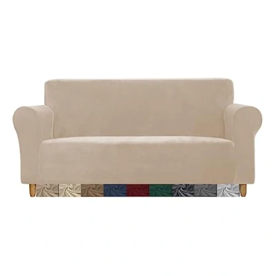 Image of CMAKER Velvet Sofa Covers Couch Cover 2 Seater Stretch with Non Slip Elastic Bottom Furniture Protector Slipcovers for Pets(2 Seater,Beige)