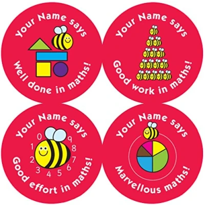 Image of Personalised Maths Reward Stickers Your Name says with Mixed Images and captions from The Sticker Factory.