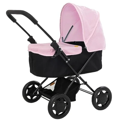 Image of Joie Baby Pram Childrens Doll Pushchair With Removable Apron &amp; Adjustable Hood Lightweight Folding Travel System In Black Pink Under seat Storage For Children Kids 3+