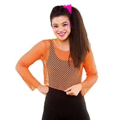 Image of Wicked Costumes Adult 80&#039;s Neon Orange Fishnet Long Sleeved Top (One Size UK 6 10)