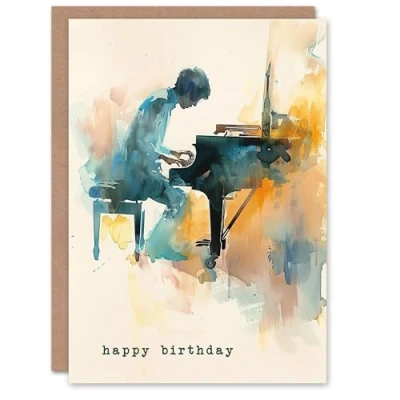 Image of Artery8 Pianist Playing Piano Music Abstract Watercolour Blank For Him Or Her Art Birthday Card