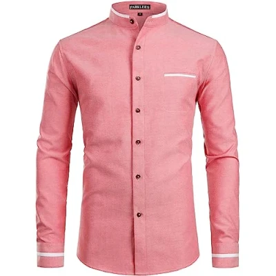 Image of PARKLEES Mens Hipster Design Grandad Collar Oxford Shirt Slim Fit Long Sleeve Casual Button Down Dress Shirts with Pocket Red XL