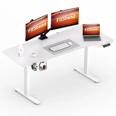 Image of FitStand 160x75cm Electric Standing Desk, Sit Stand Height Adjustable Desk With Hooks And Memory Smart Pannel, Suitable For Office Home White