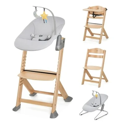 Image of Kinderkraft ENOCK Wooden Highchair + Baby Bouncer CALMEE, Multifunctional Chair, Ajustable Heigh and Footrest, Safety Harness, with Detachable Tray, for Children up to 10 Years