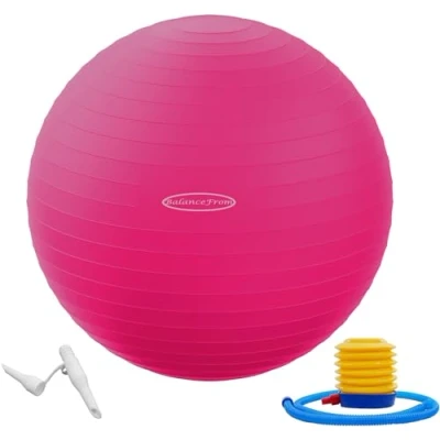 Image of Signature Fitness Anti Burst and Slip Resistant Exercise Ball Yoga Birthing with Quick Pump, 2,000 Pound Capacity, Pink, 26 inch, L