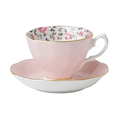 Image of Royal Albert Modern Vintage ROSCON26135 Teacup &amp; Saucer, 2 Piece Set Rose Confetti, Bone China, Pink