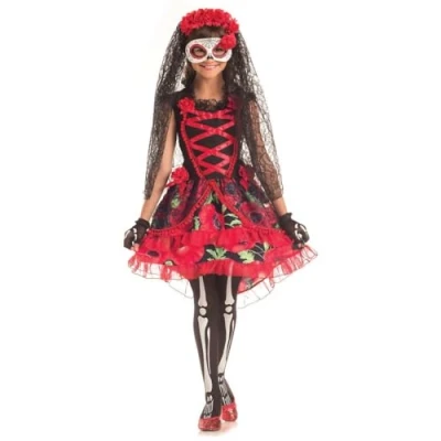 Image of Forever Young Girls Kids Day of the Dead 3 Piece Sugar Skull Halloween Fancy Dress Costume (9 10 years)