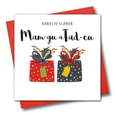 Image of Welsh Language Embellished Christmas Greeting Card, Nadolig Llawen, Mam Gu A Tad CU, Merry Grandma &amp; Grandad, Presents