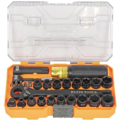 Image of Klein Tools 65400KNECT KNECT Essential Pass Through Impact Socket Set, SAE and Metric, 90 Tooth Ratchet, MODbox Case, 3/8 Inch Drive, 28 Piece