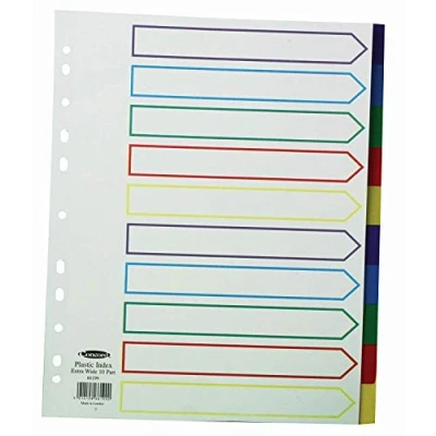 Image of Concord Punched Pocket Dividers Plastic Multicolour tabbed 10 Part Extra Wide A4 White Ref 66199